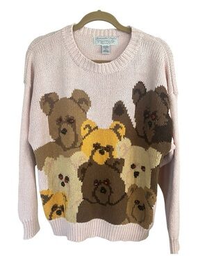 Vintage 90s Samantha Taylor Chadwick’s 3d eyes Pink Bear-Pattern Knit Sweater
